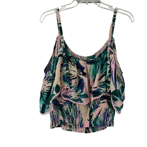 Torrid Top Size 2 US 2X Tropical Leaf Pattern Off The Shoulder Ruffle Pink Green - Picture 4 of 7